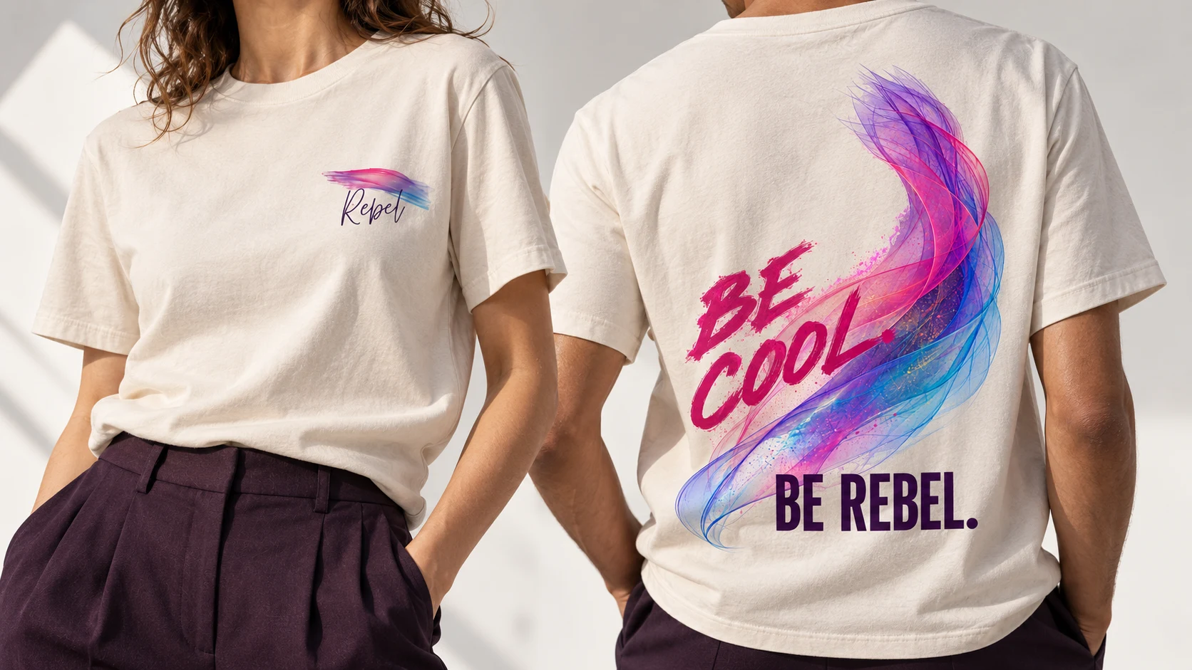 T-shirt Rebel avorio, fronte e retro indossati, con grafica originale