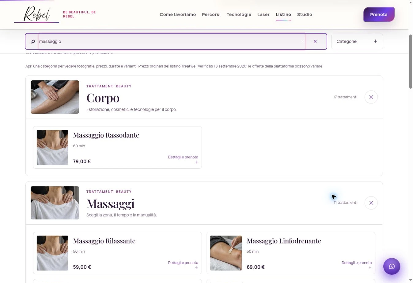 Listino digitale Rebel con ricerca per massaggi, categorie e schede dei trattamenti.