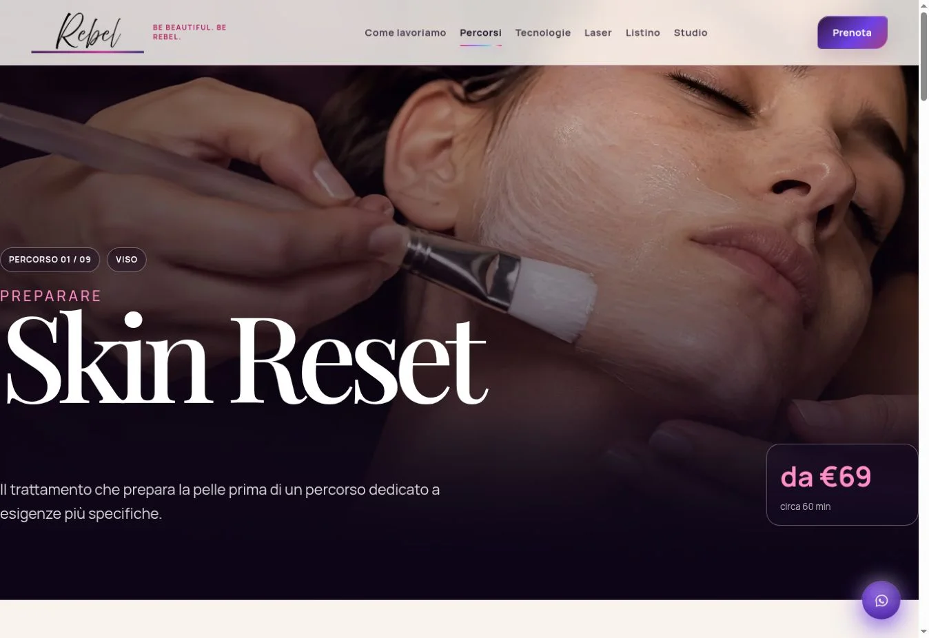 Pagina Skin Reset del sito Rebel con presentazione del percorso e dettagli iniziali.