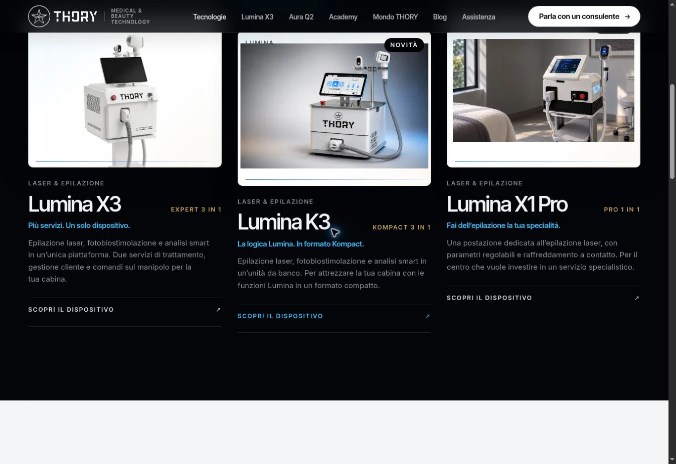 THORY website showing three Lumina devices and their product differences
