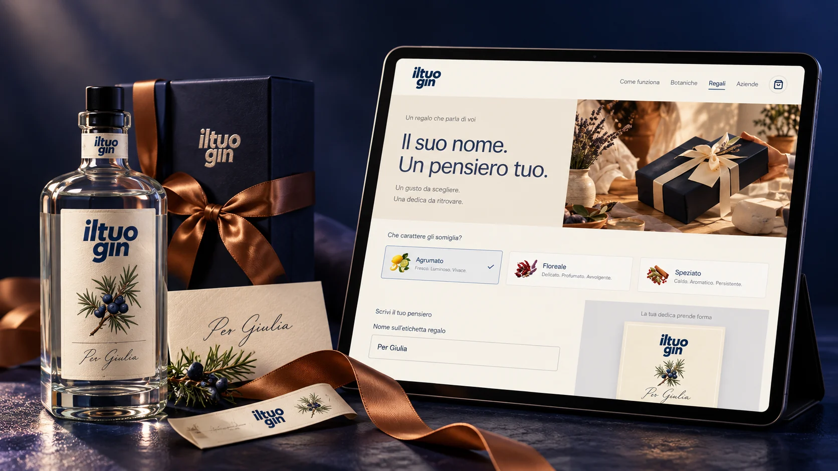 Mockup editoriale AI del concept ilTuoGin: bottiglia personalizzata, confezione in carta blu e interfaccia regalo su tablet.