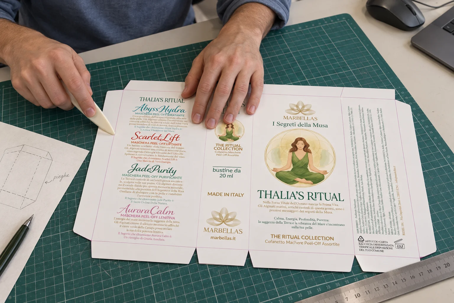 Marbellas / Packaging / structure and folds. Editorial studio reconstruction · AI-assisted.