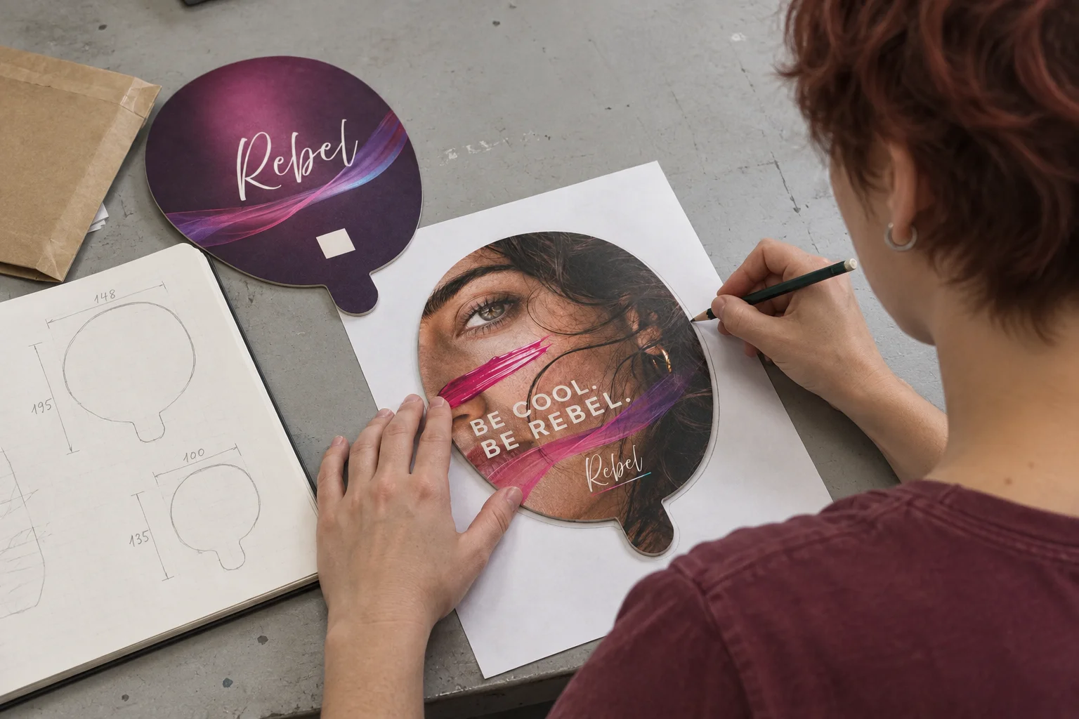 Rebel / Brand / format and application study. Editorial studio reconstruction · AI-assisted.