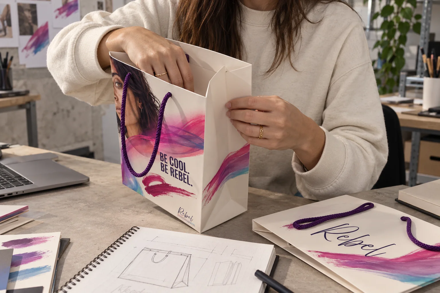 Rebel / Identity / applications and materials. Editorial studio reconstruction · AI-assisted.
