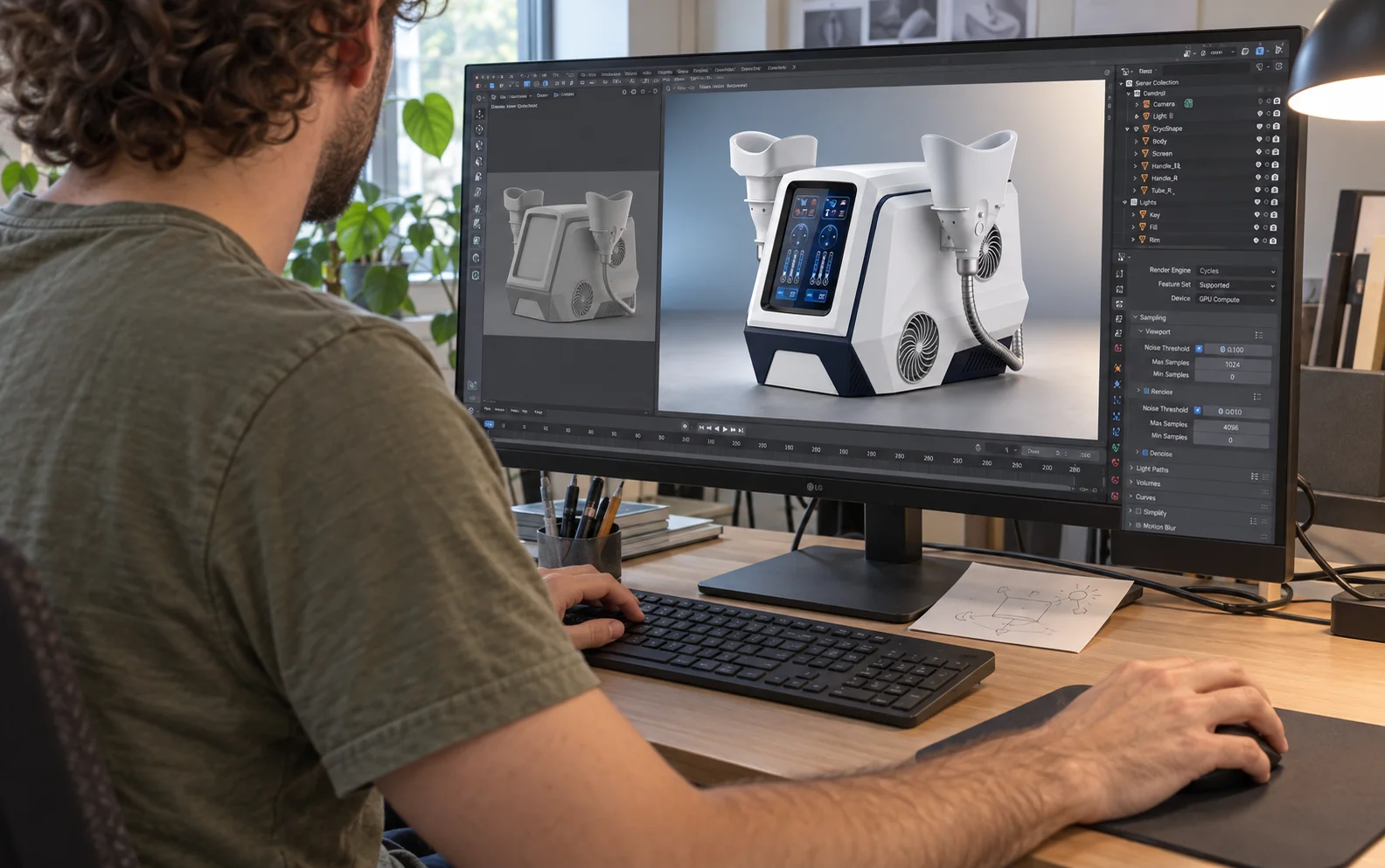 Editorial reconstruction of the CryoShape render review, showing a neutral clay view beside the finished visual