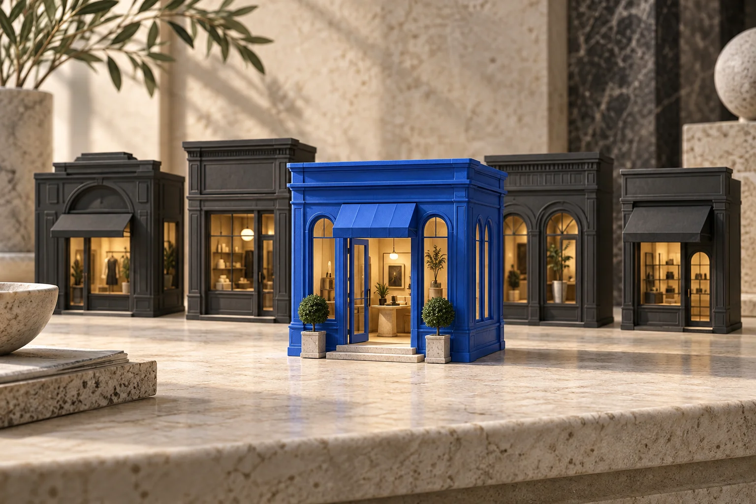 La bottega blu si distingue da quelle vicine, in una composizione di modelli architettonici