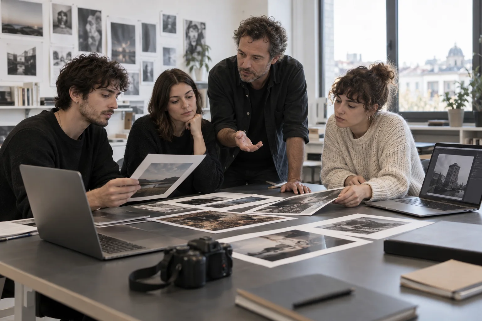Studenti adulti e un docente confrontano fotografie stampate in un laboratorio.
