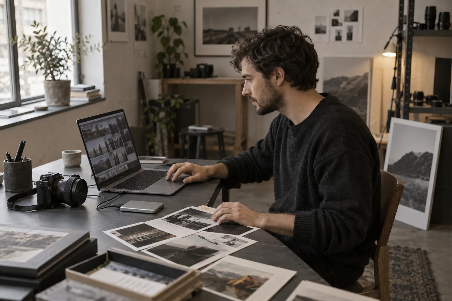 Scenario illustrativo: un fotografo seleziona gli scatti al computer, con fotocamera, disco esterno e stampe sul tavolo.