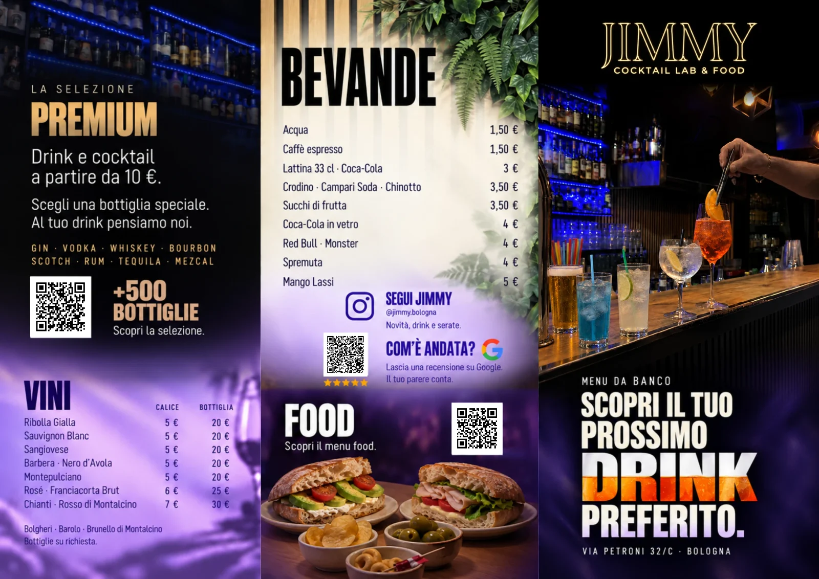 Tavola originale esterna del pieghevole Jimmy: firma, offerta e accesso al menu.