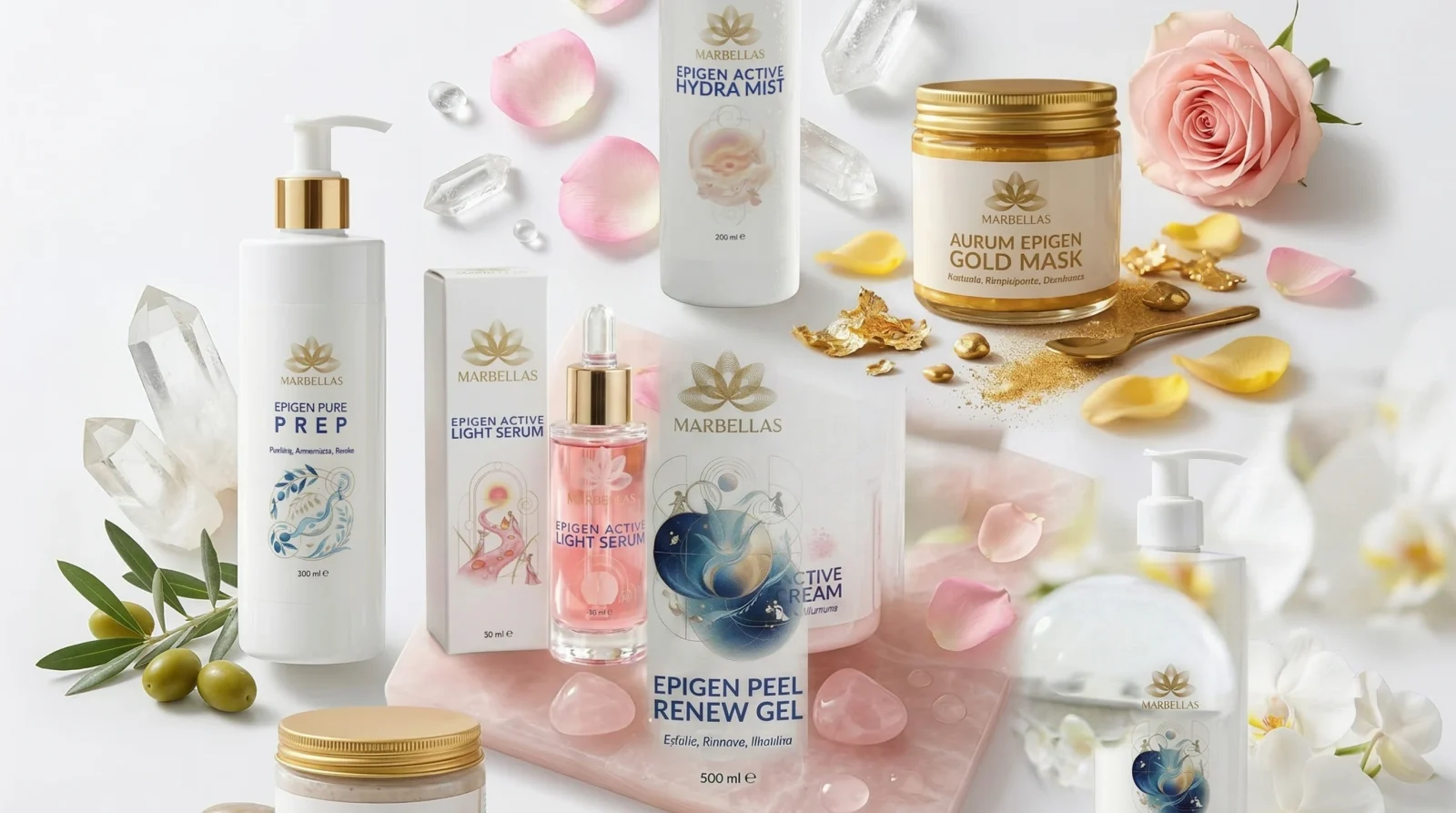 Visual della collezione skincare Marbellas, con i diversi formati della gamma.