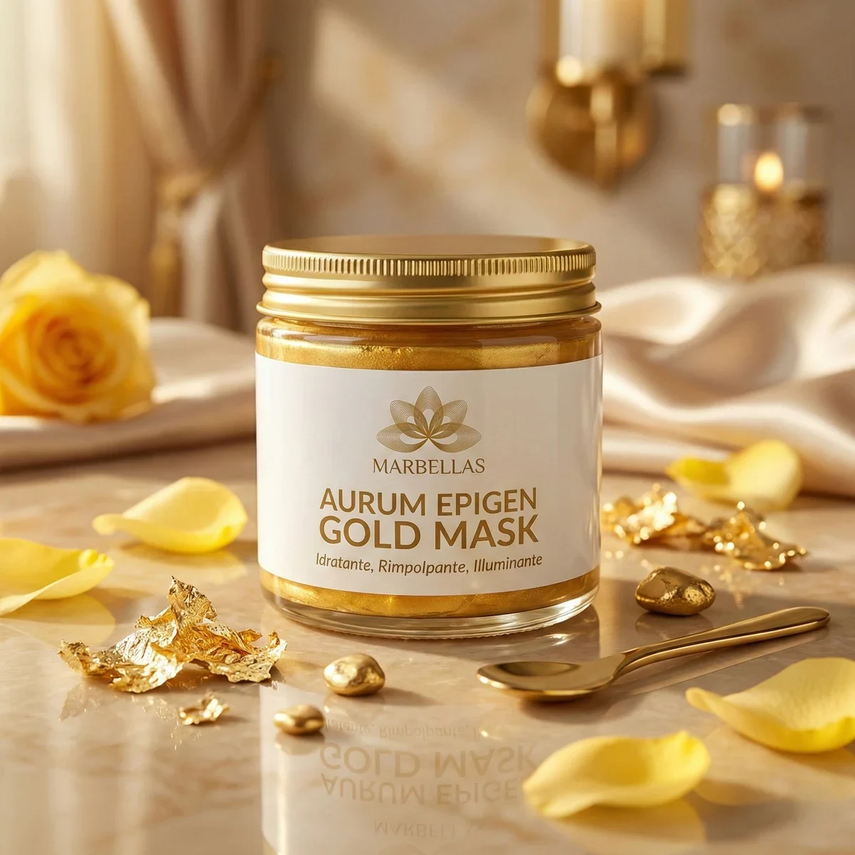 Visual di prodotto Marbellas Aurum Gold Mask, con la confezione dedicata.