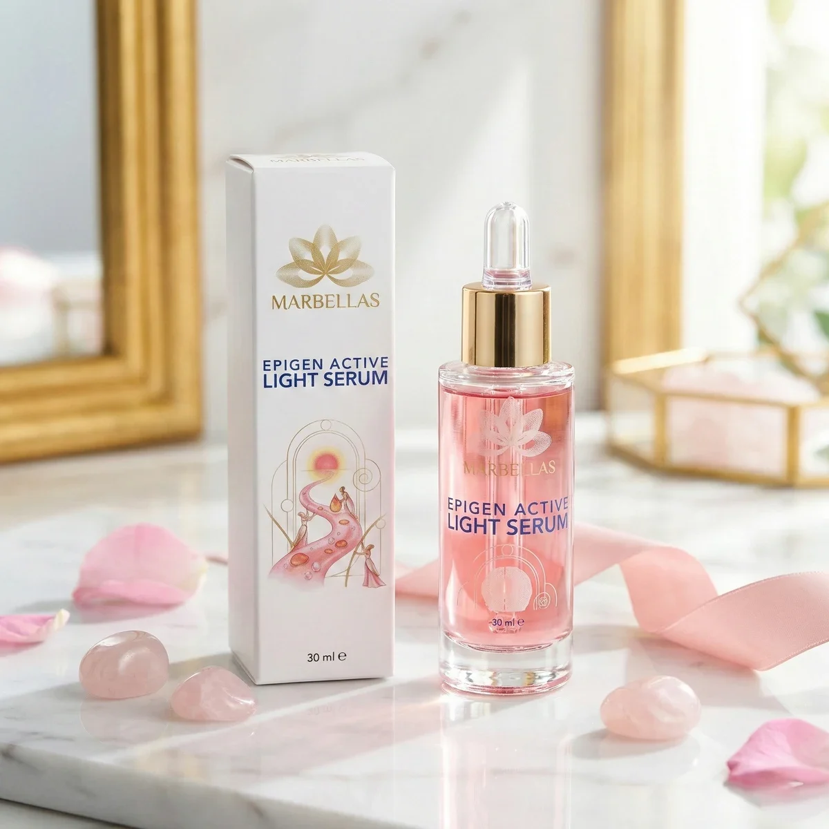Visual di prodotto Marbellas Light Serum, con la confezione dedicata.
