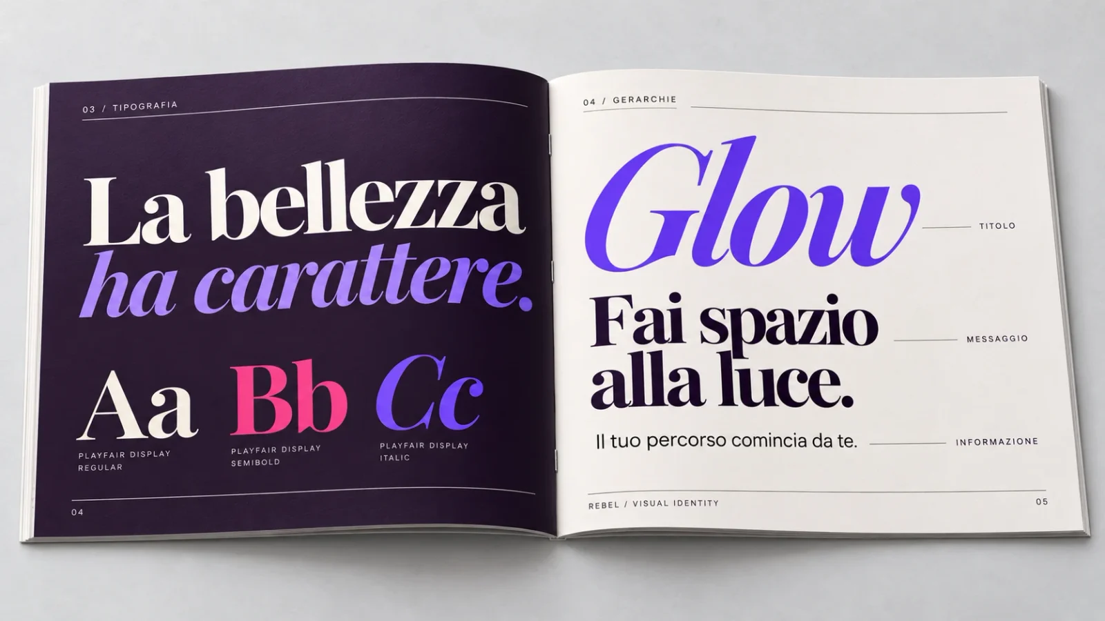 Visualizzazione editoriale del brandbook Rebel dedicata a tipografia e gerarchie.