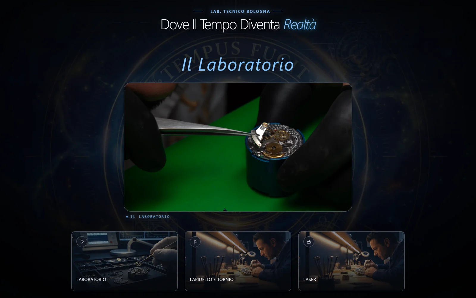 Pagina laboratorio Tempus Fugit con la lavorazione su un movimento e accessi alle specializzazioni.