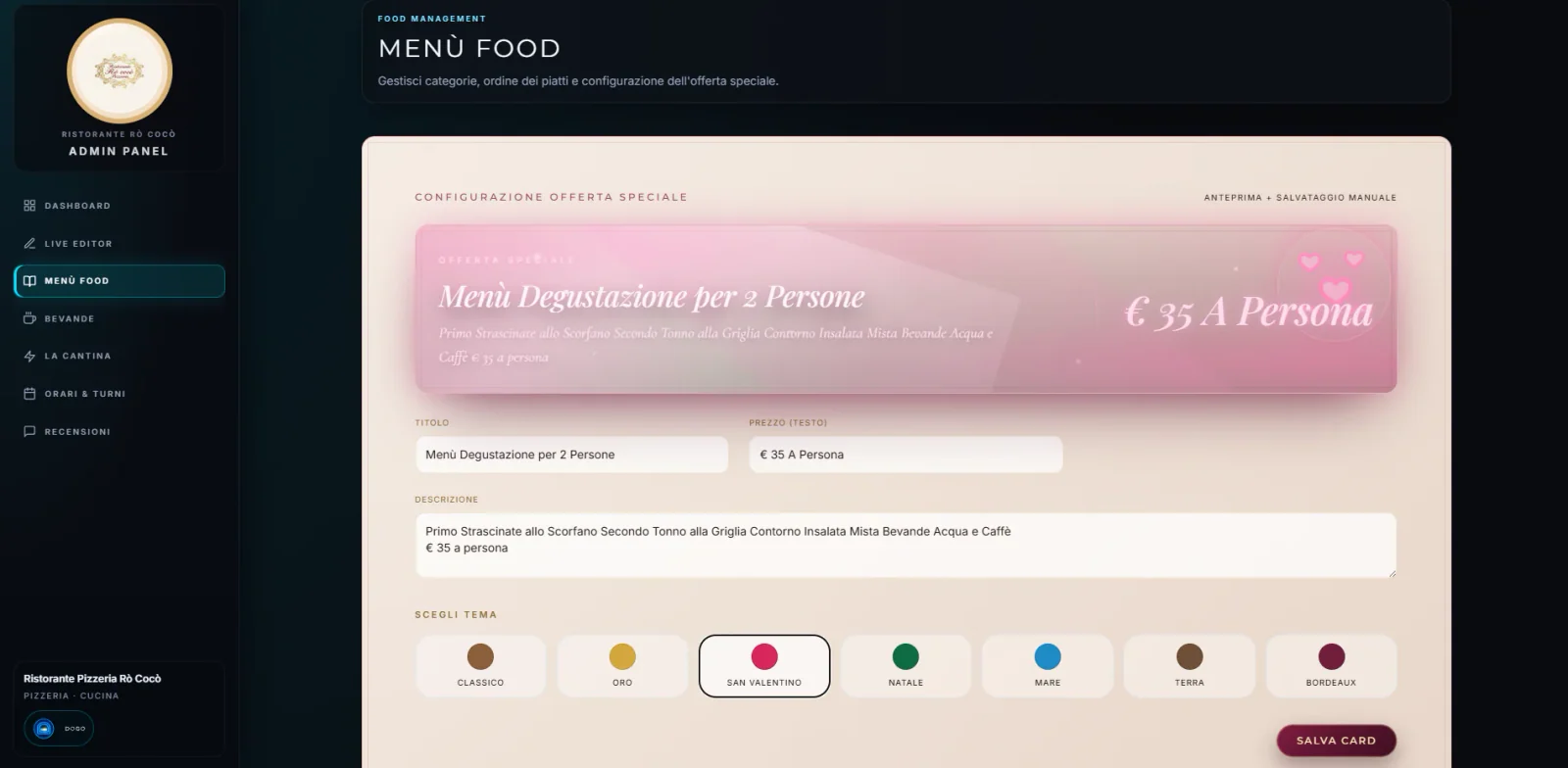 Editor del menu RO’COCÒ con anteprima della proposta, campi per i contenuti e scelta del tema.