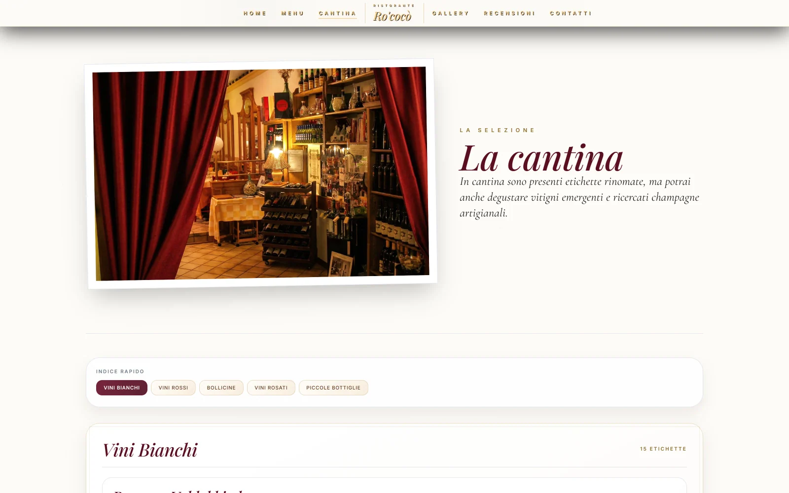 Cantina digitale RO’COCÒ con presentazione della selezione, categorie e vini bianchi.