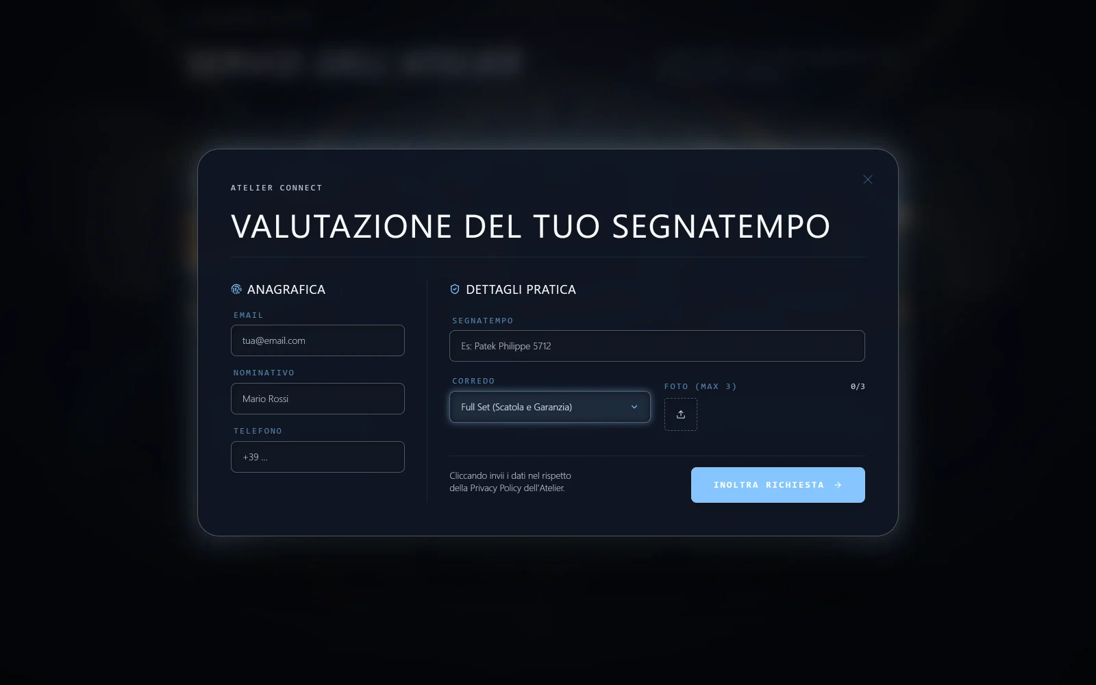 Modulo Tempus Fugit per richiedere la valutazione di un segnatempo con dati del cliente e dell’orologio.