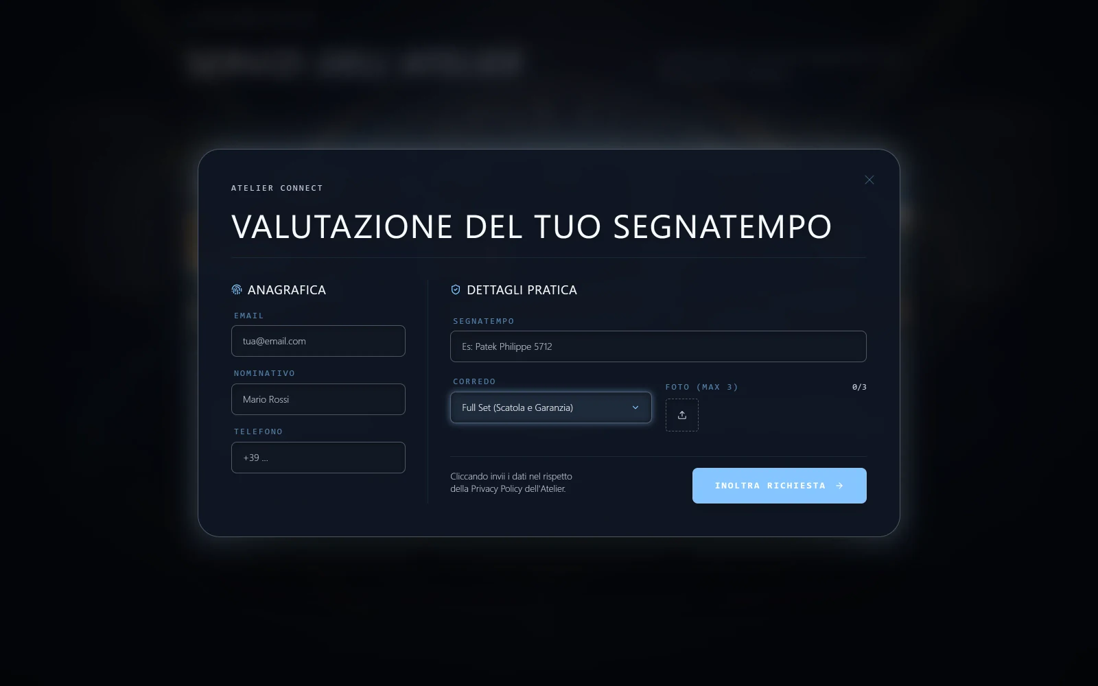 Modulo Tempus Fugit Valutazione del tuo segnatempo con dati della persona e dell’orologio.