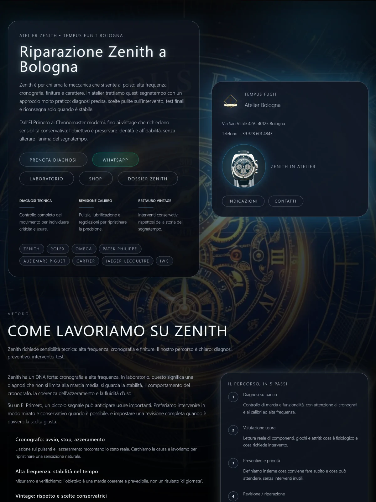 Pagina Tempus Fugit Riparazione Zenith a Bologna con metodo, servizi e contatto dell’atelier.