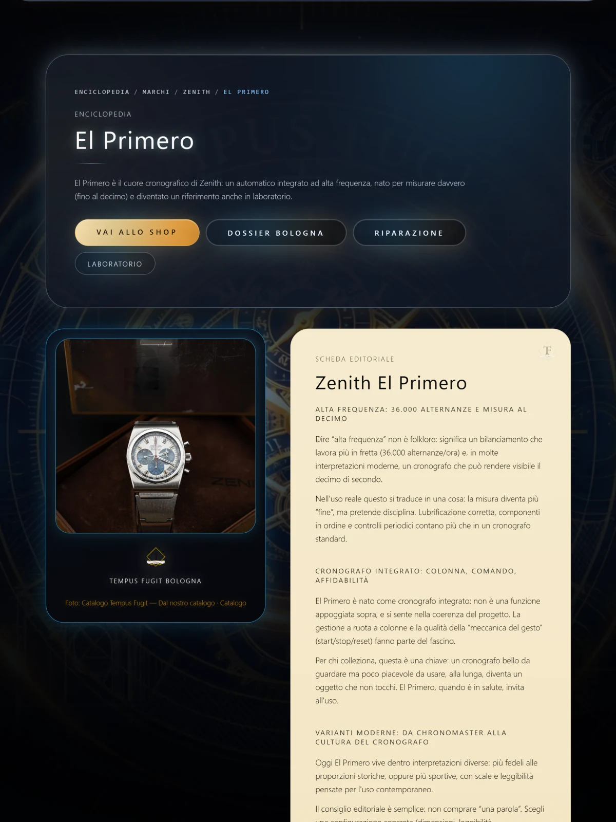 Voce El Primero dell’enciclopedia Tempus Fugit, con scheda editoriale e collegamenti a shop, dossier, riparazione e laboratorio.