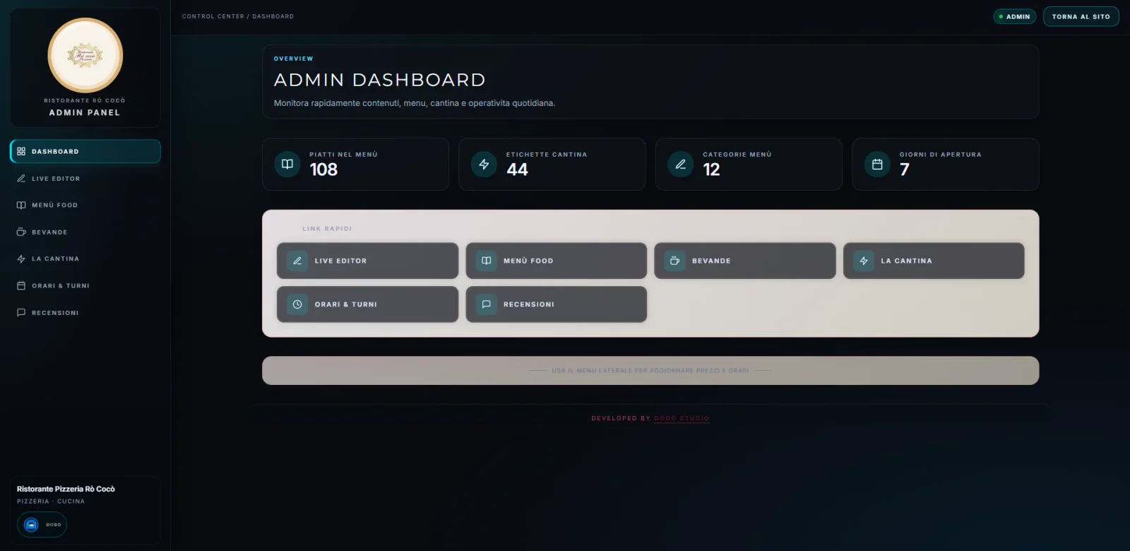 Pannello di gestione di menu, cantina e contenuti RO’COCÒ.