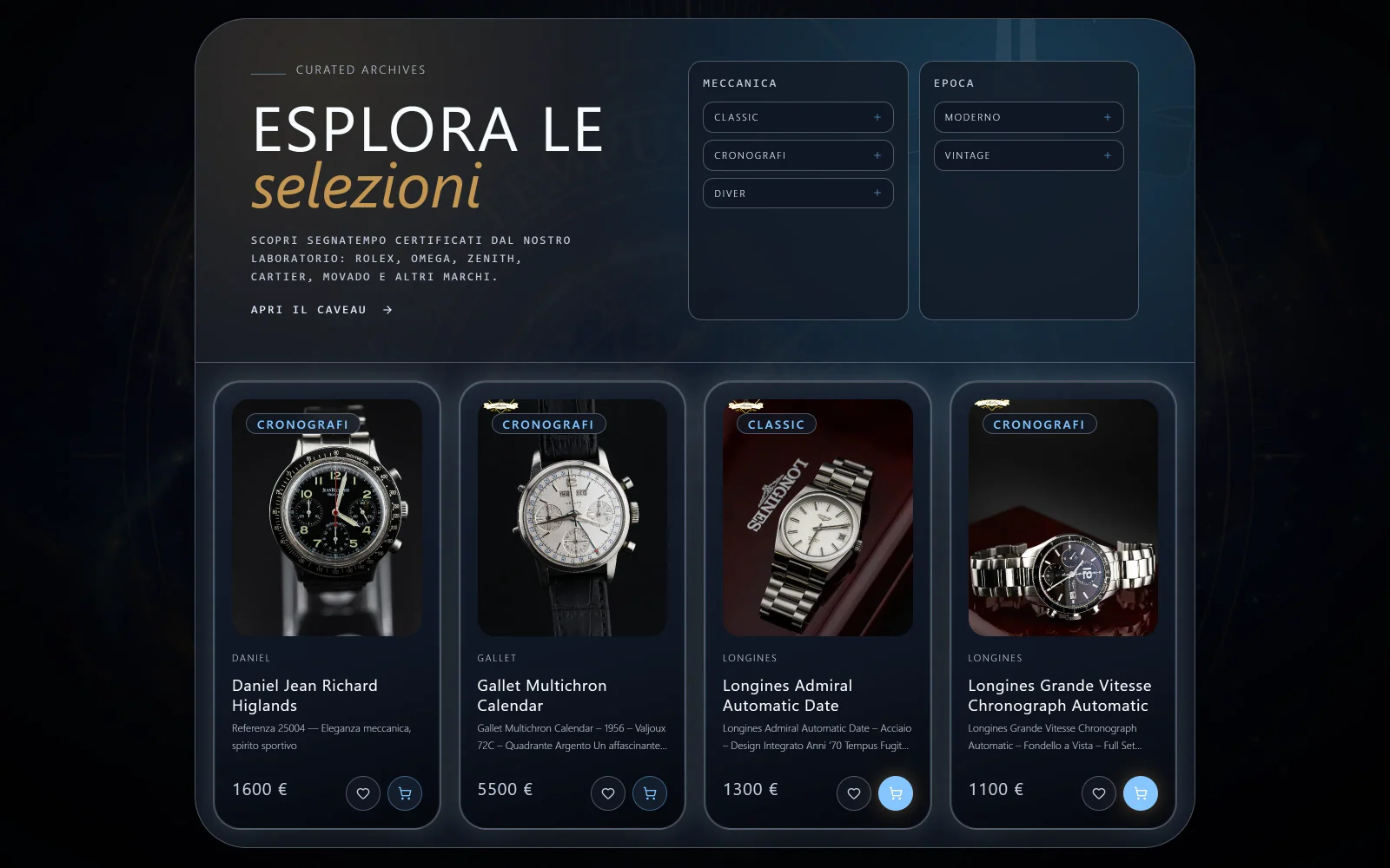 Catalogo Tempus Fugit organizzato per collezioni.