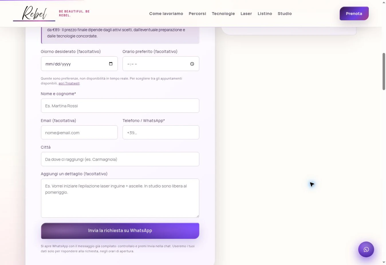 Modulo Rebel con dati di contatto e pulsante Invia la richiesta su WhatsApp