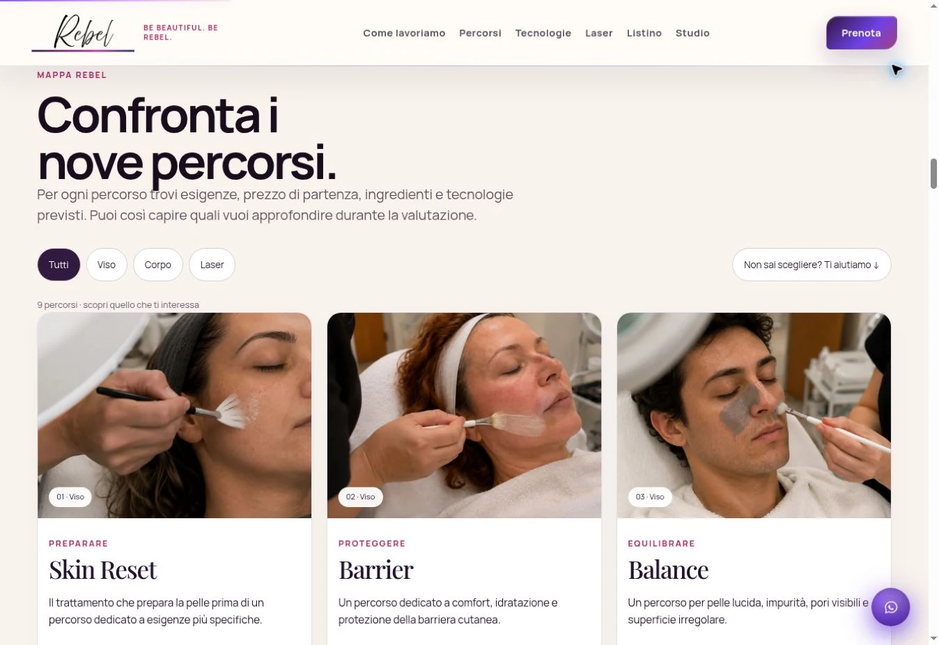 Mappa dei percorsi nella home Rebel con fotografie di Skin Reset, Barrier e Balance