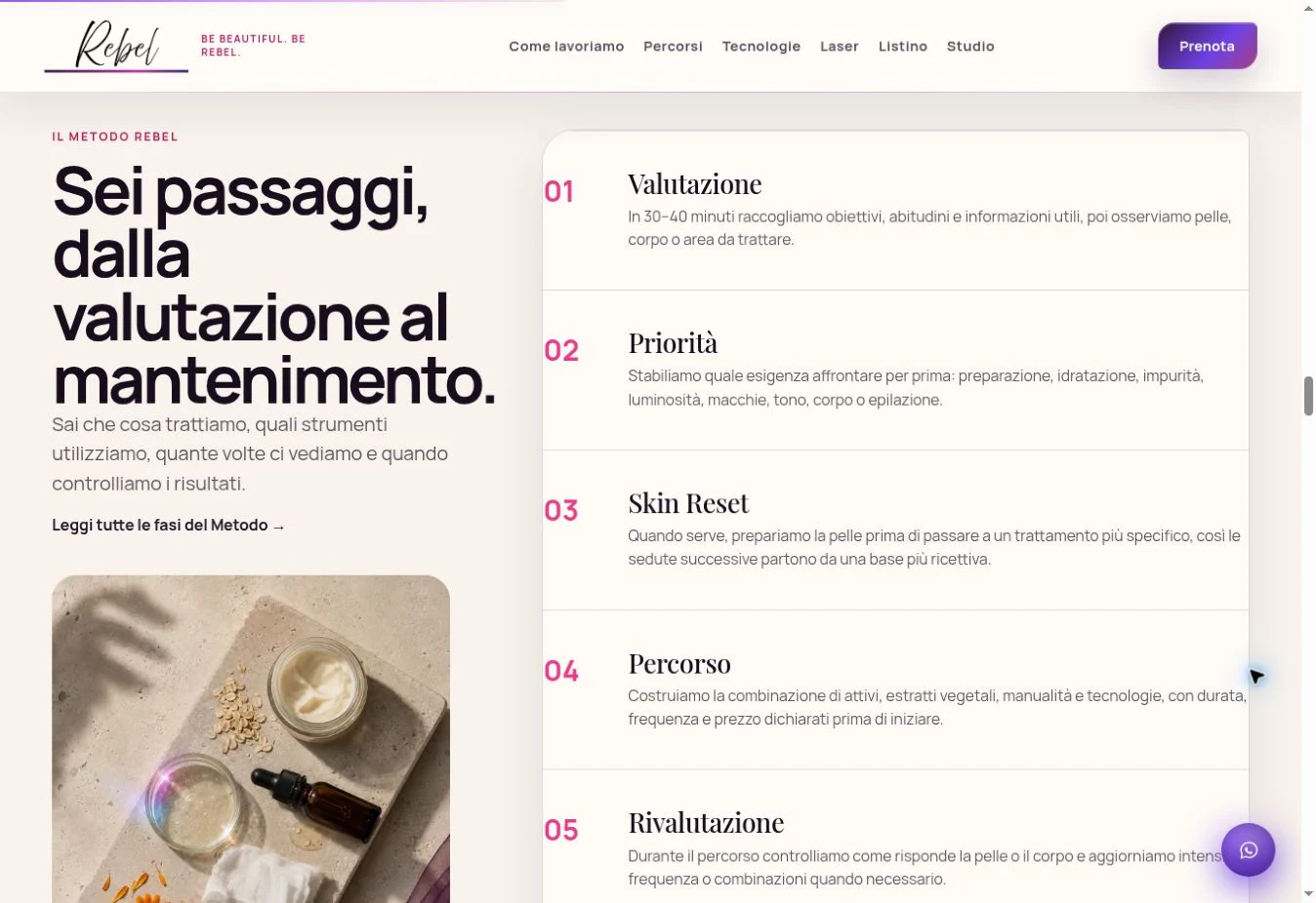 La home Rebel spiega le fasi del metodo con contenuti e fotografia dei prodotti