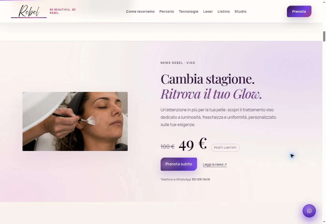Promozione Glow nella homepage Rebel con fotografia, prezzo e pulsante Prenota subito