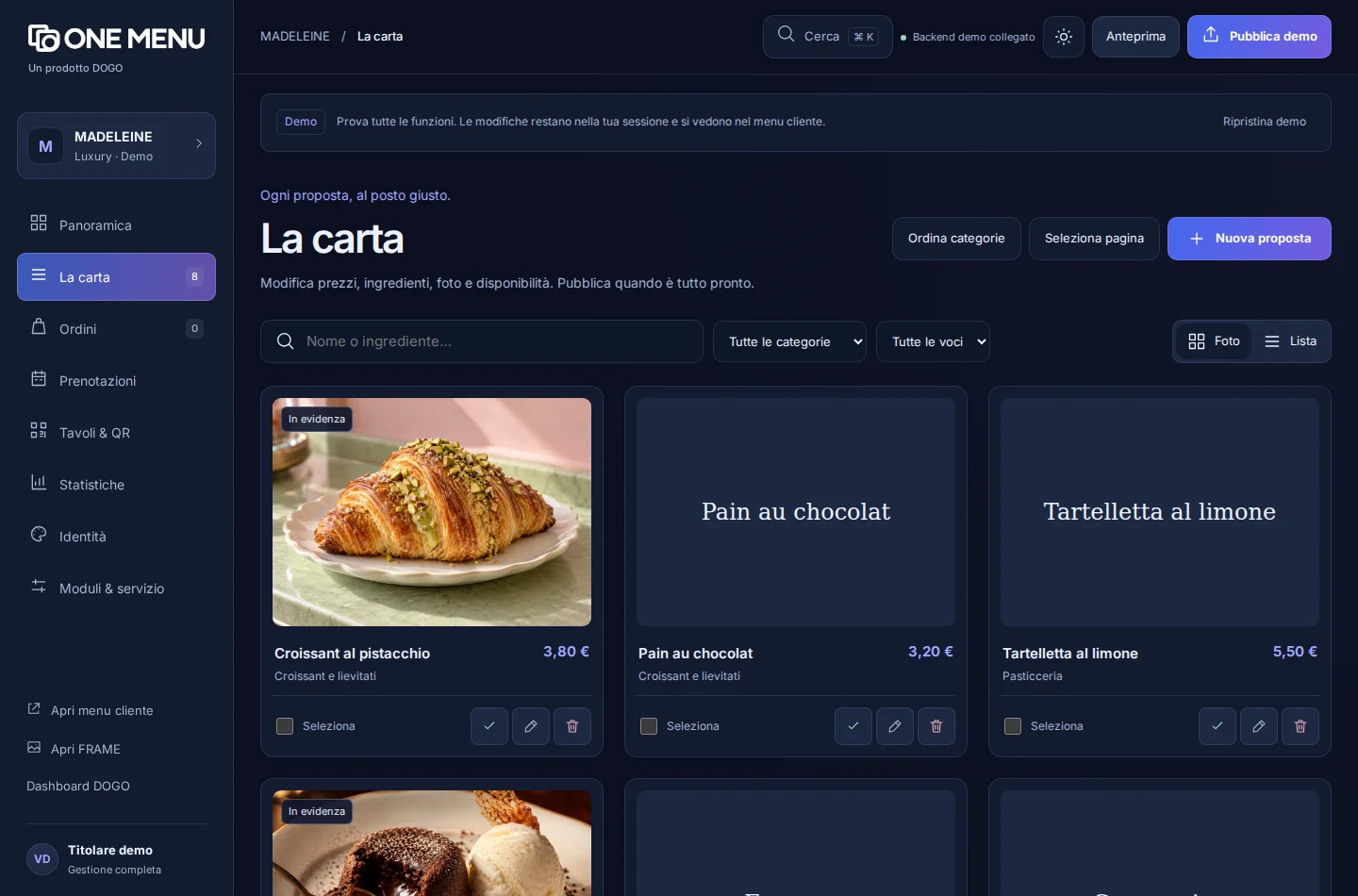 Il menu MADELEINE nel pannello titolare: foto, prezzi, disponibilità e modifiche