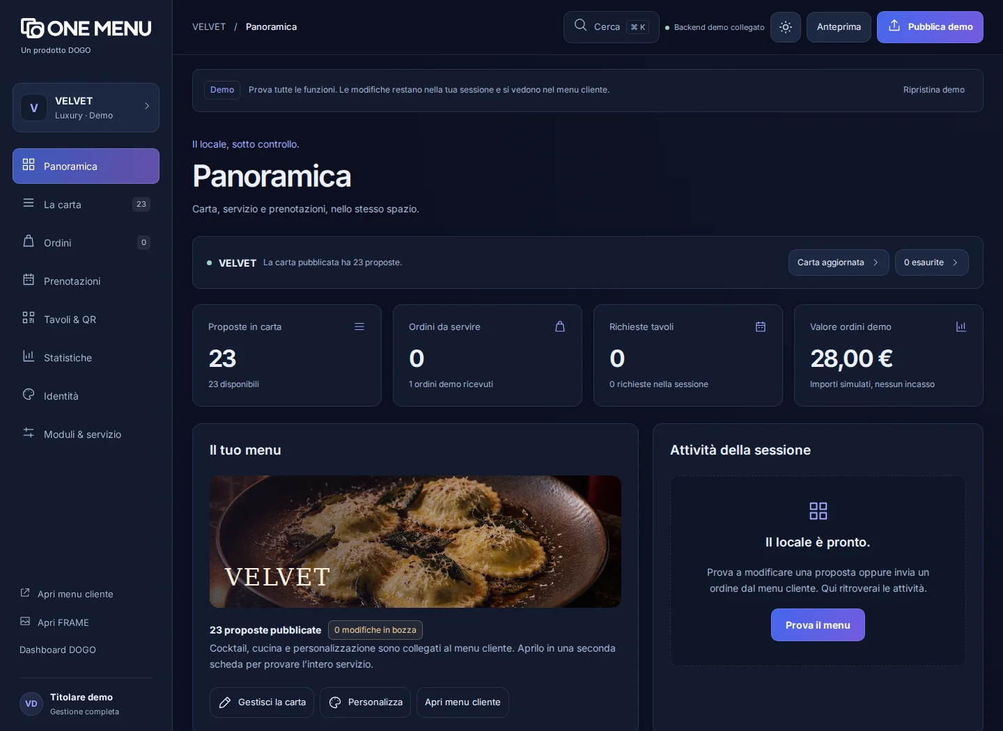 Schermata reale del pannello titolare ONE MENU in tema scuro