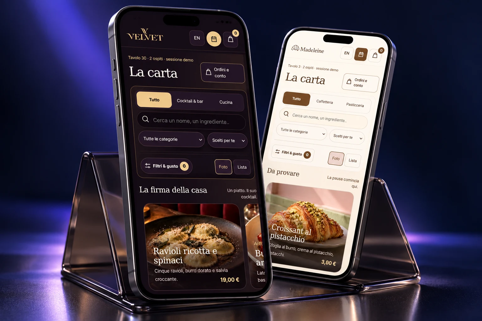 Copertina ONE MENU: le identità VELVET e MADELEINE su due smartphone