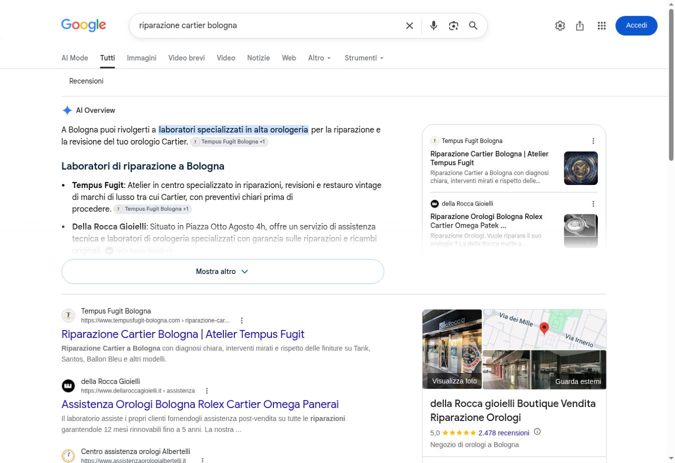 Google AI Overview for an Italian Cartier watch query citing Tempus Fugit, captured 8 September 2026