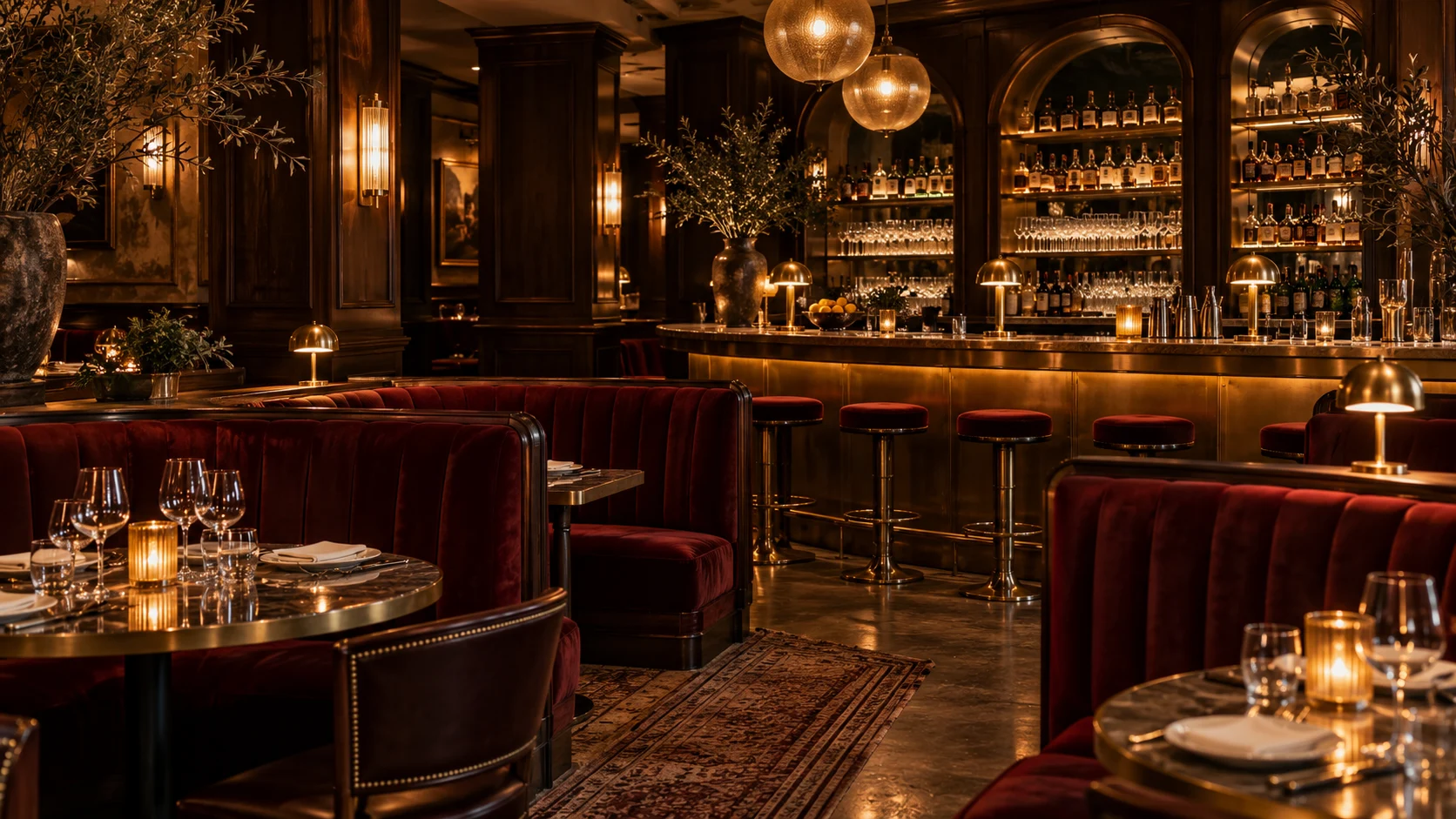 Speakeasy con sedute in velluto bordeaux e bancone in ottone